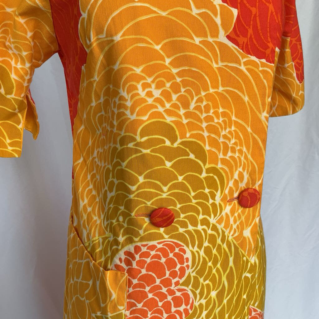 1960s Lord & Taylor Orange, Yellow & Olive Floral Duster Dress