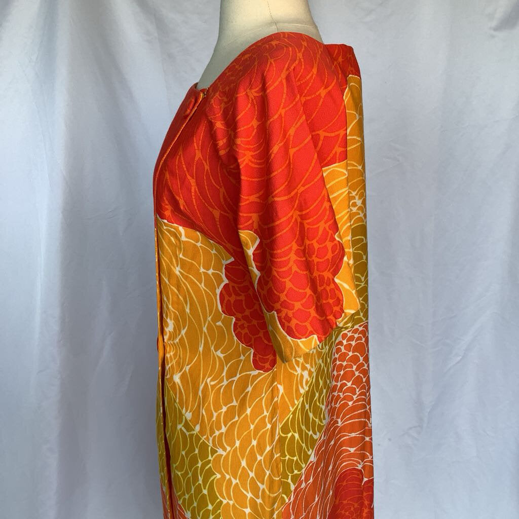 1960s Lord & Taylor Orange, Yellow & Olive Floral Duster Dress