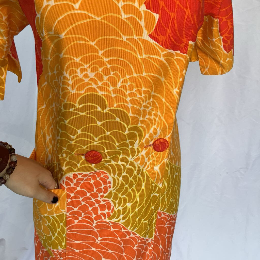 1960s Lord & Taylor Orange, Yellow & Olive Floral Duster Dress
