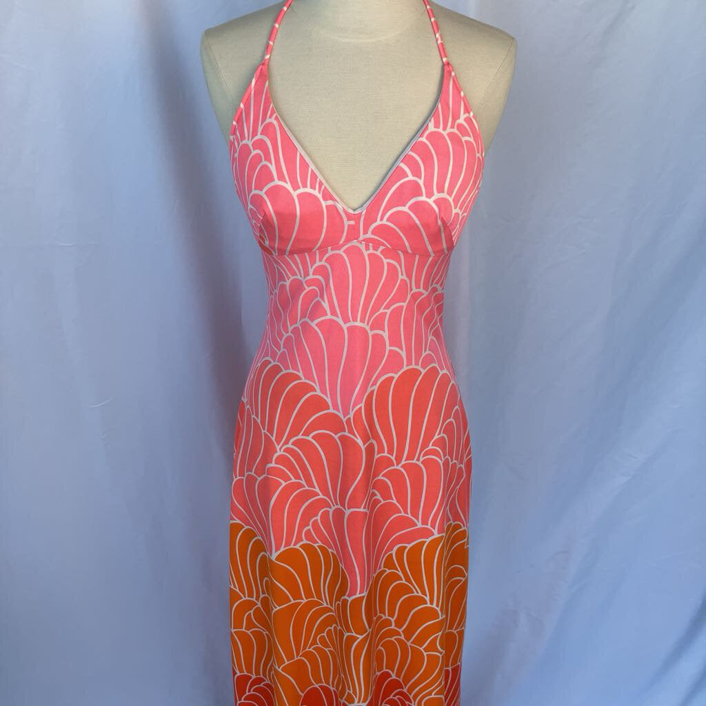 1970s Pink and Orange Shell Print Maxi