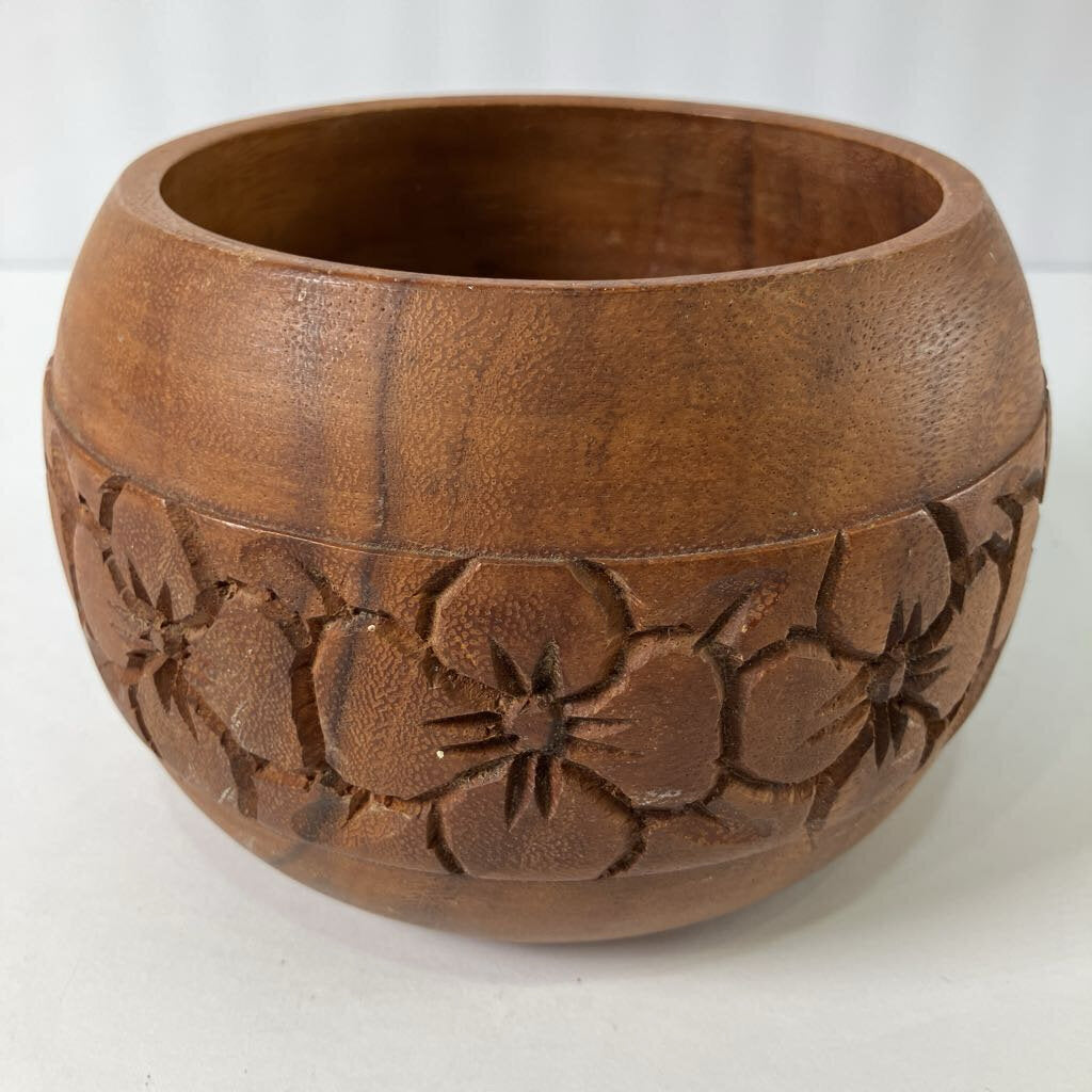 Vintage Round Wooden Bowl with Flowers