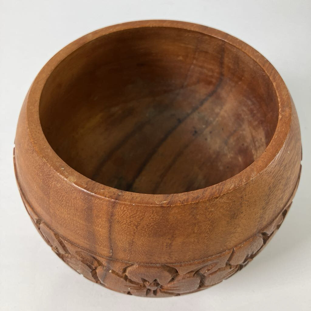 Vintage Round Wooden Bowl with Flowers