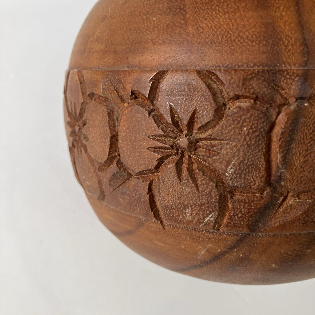 Vintage Round Wooden Bowl with Flowers
