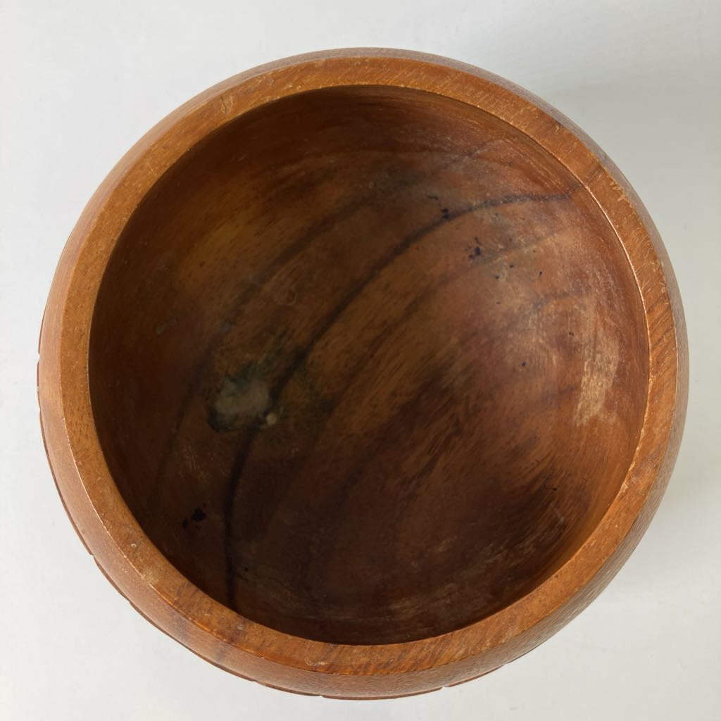 Vintage Round Wooden Bowl with Flowers