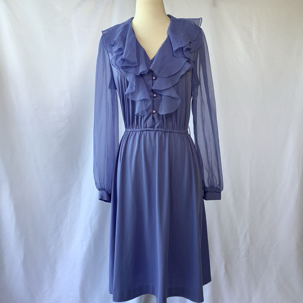 1980s Lilac Ruffle Day Dress w/ Sheer Sleeves