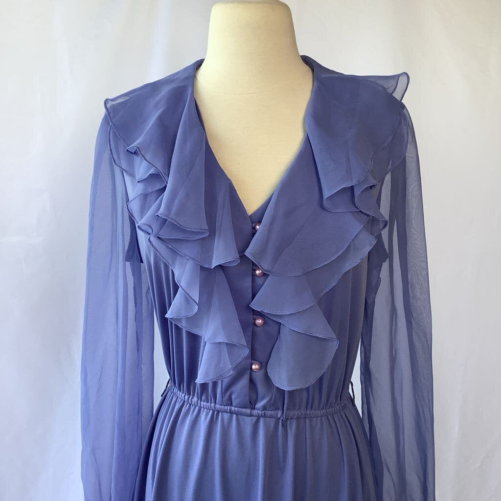 1980s Lilac Ruffle Day Dress w/ Sheer Sleeves