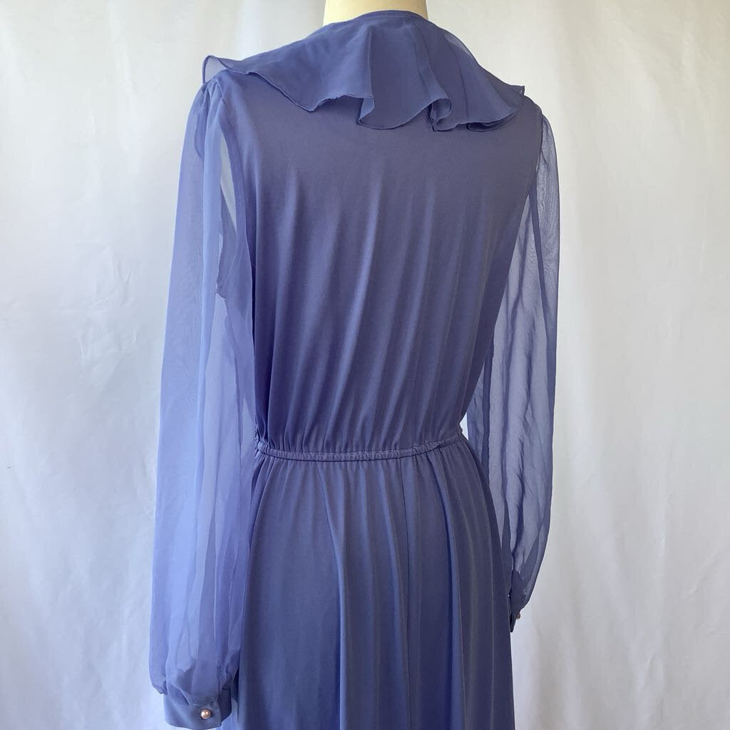 1980s Lilac Ruffle Day Dress w/ Sheer Sleeves