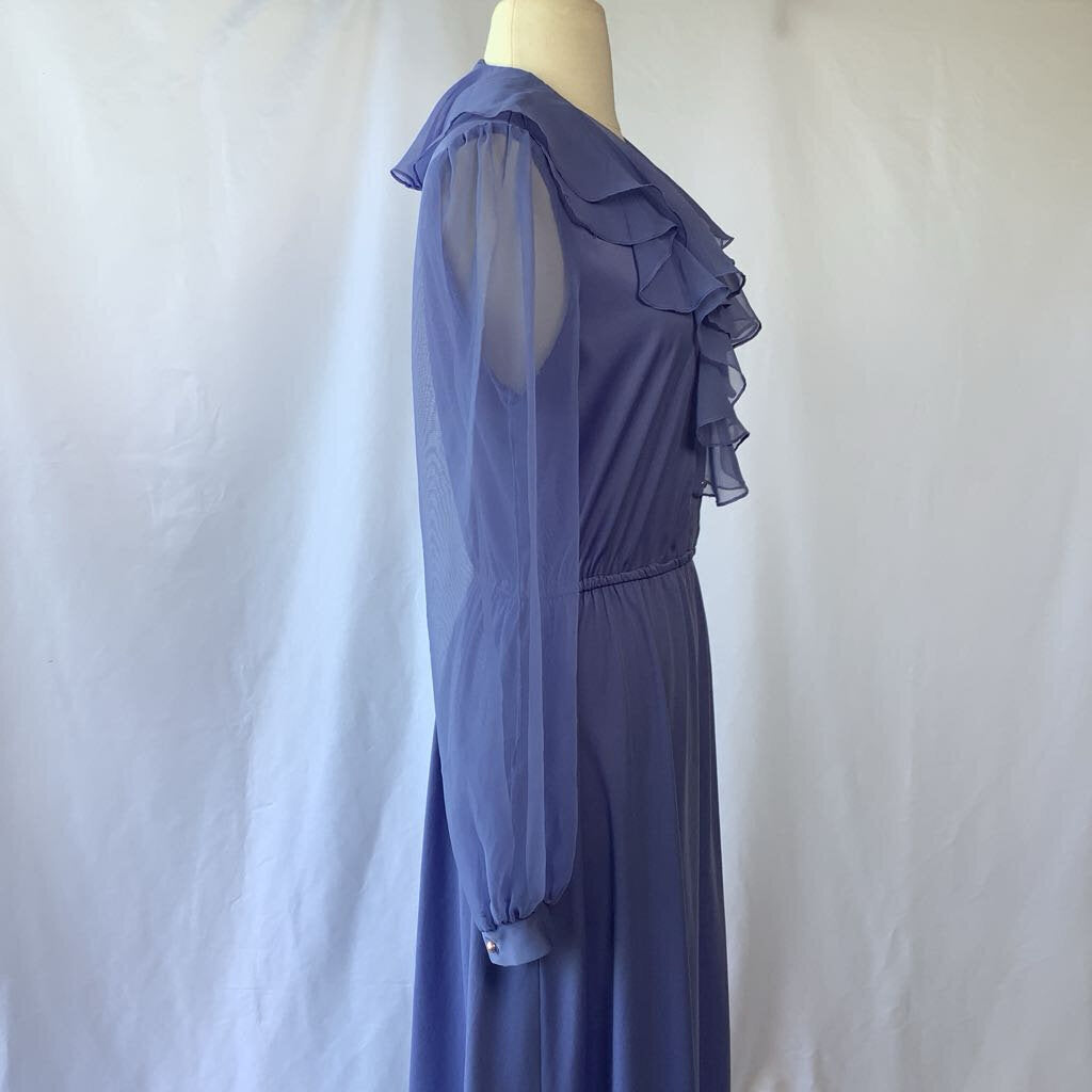 1980s Lilac Ruffle Day Dress w/ Sheer Sleeves