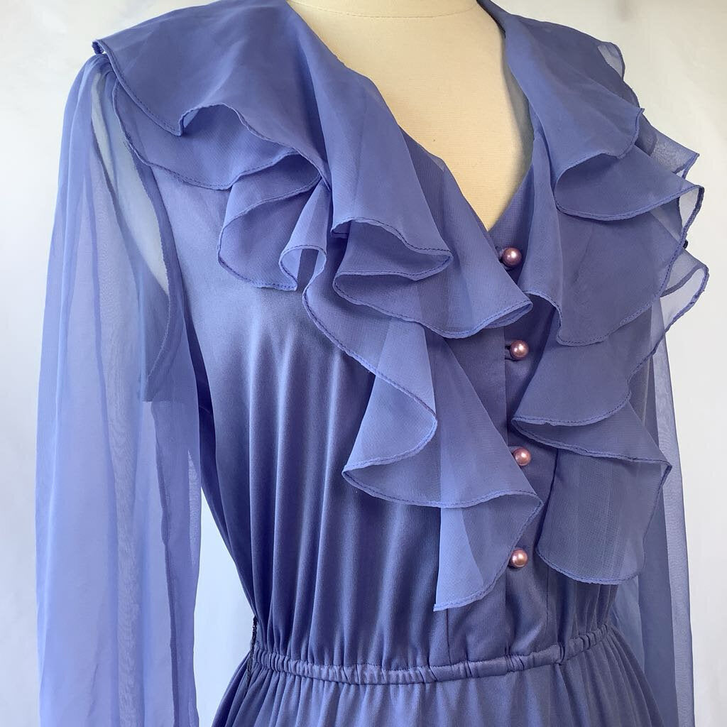 1980s Lilac Ruffle Day Dress w/ Sheer Sleeves