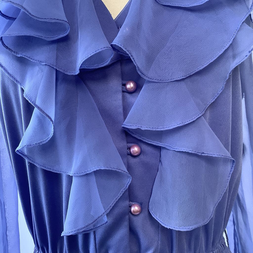 1980s Lilac Ruffle Day Dress w/ Sheer Sleeves