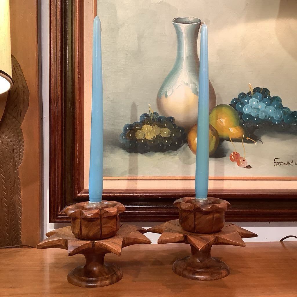 Mid Century Modern Teak Lotus Candle Holders