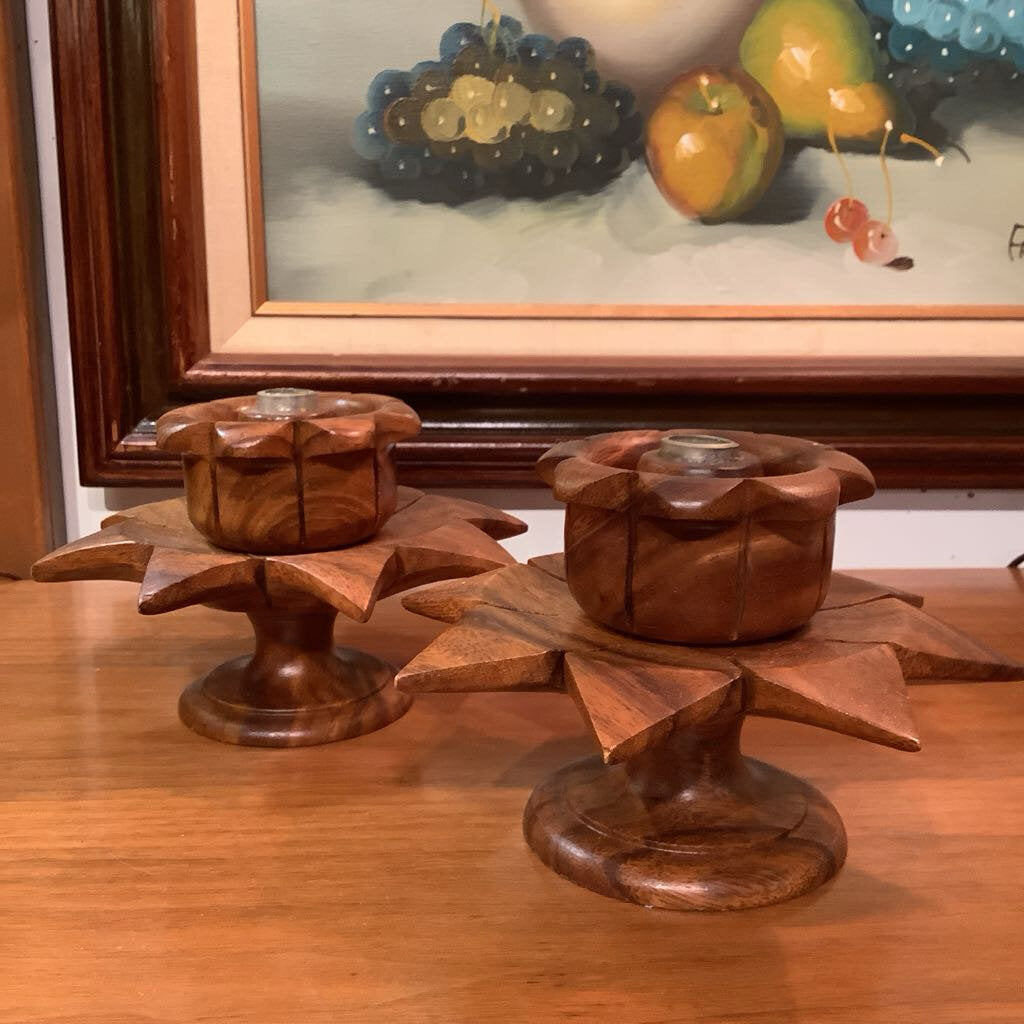 Mid Century Modern Teak Lotus Candle Holders