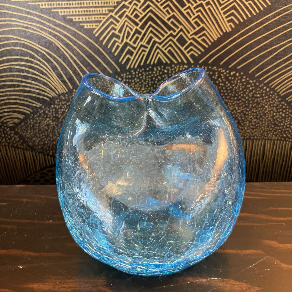 Mid Century Blenko Aqua Crackle Ball Vase
