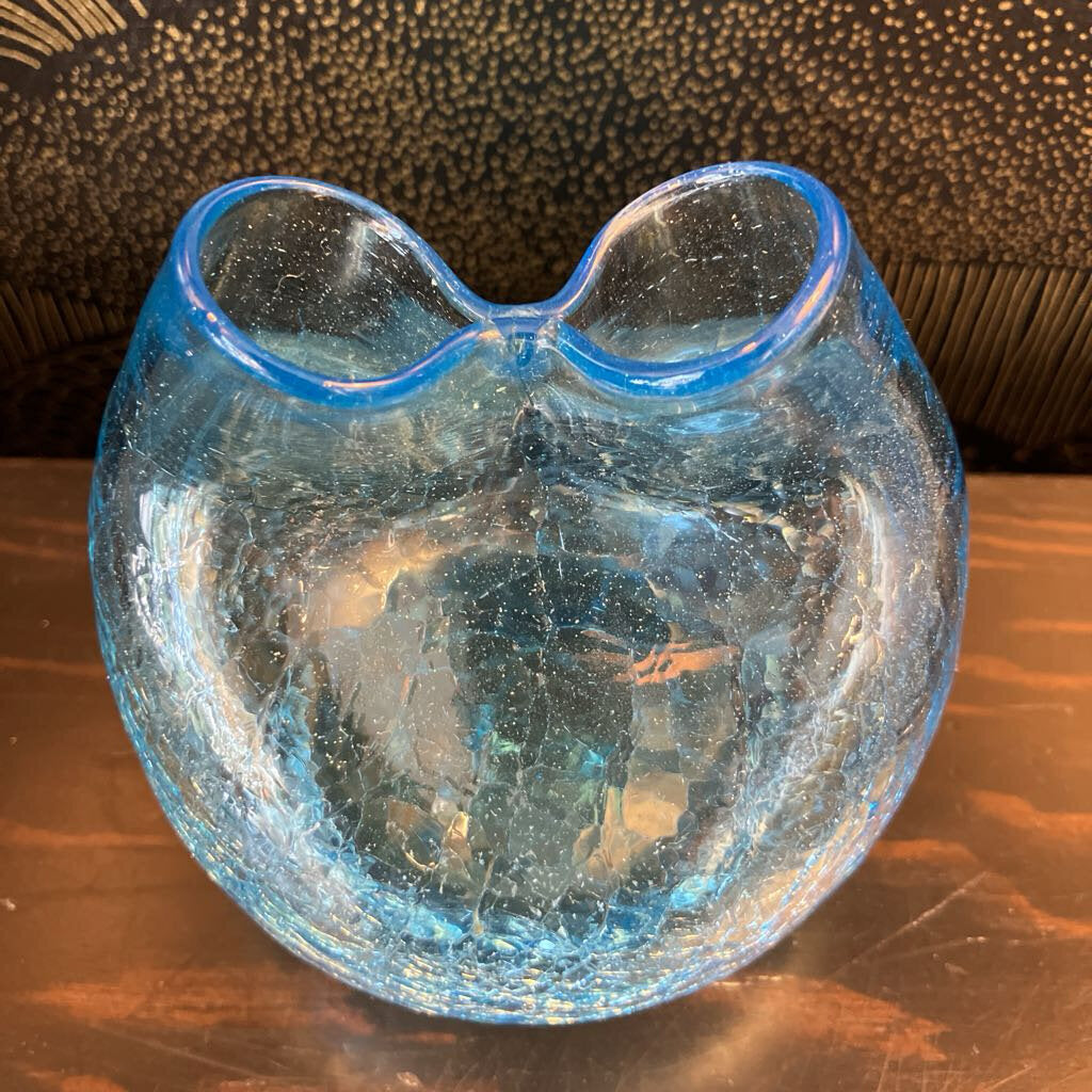 Mid Century Blenko Aqua Crackle Ball Vase