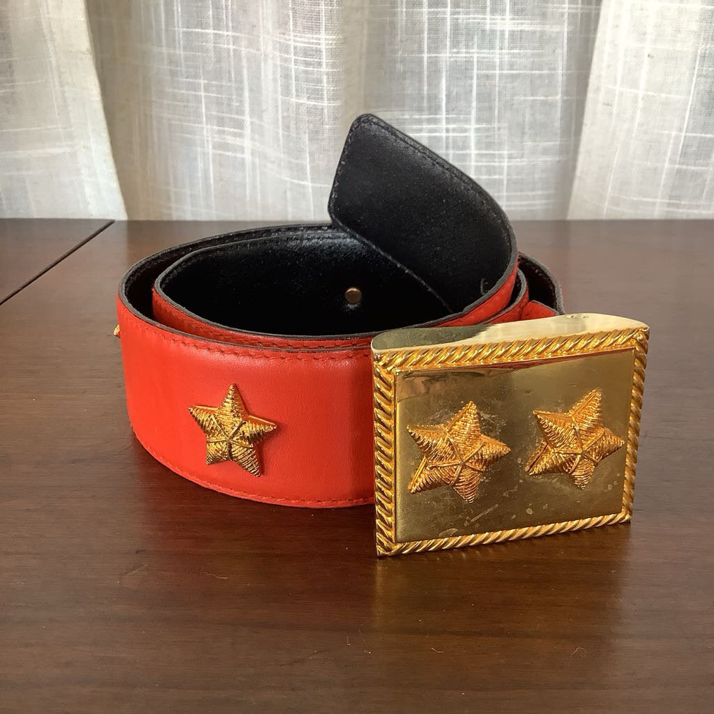 1980s Escada Red Leather Belt w/ Stars & Chains
