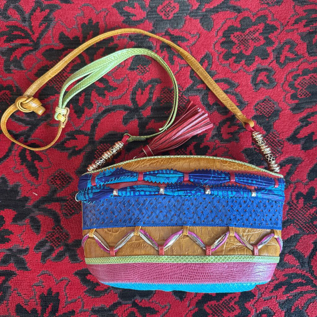Vintage SHARIF USA Color Block Lizard Snake Leather Patchwork Crossbody