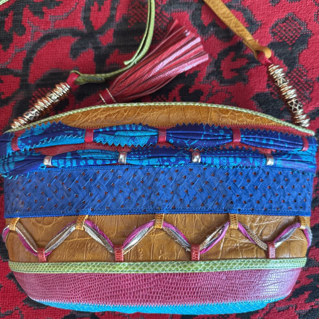 Vintage SHARIF USA Color Block Lizard Snake Leather Patchwork Crossbody