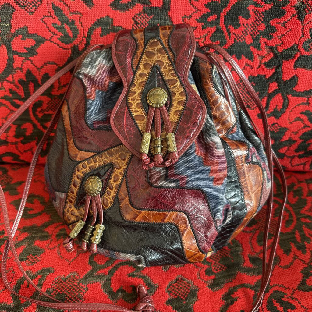 1990s SHARIF Snakeskin & Canvas Patchwork Crossbody w/ Brass Accents