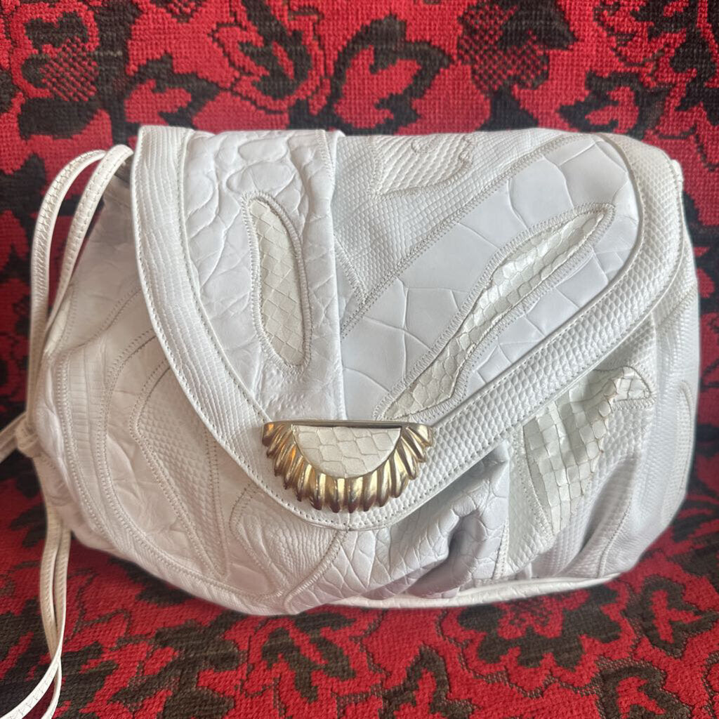 1980s SHARIF White Snakeskin Patchwork w/ Gold Hardware