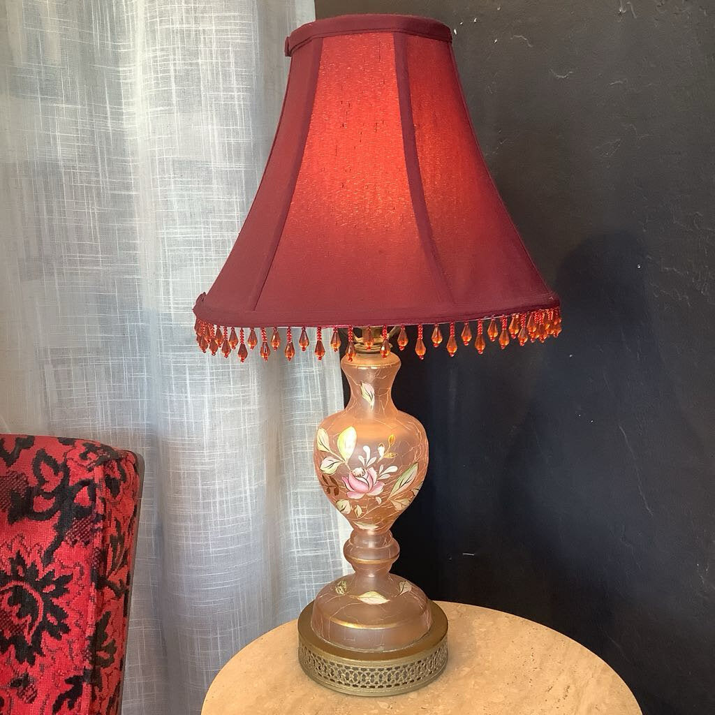 Vintage Pink Glass Lamp with Flowers