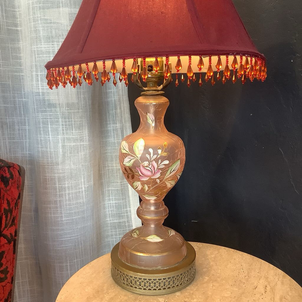 Vintage Pink Glass Lamp with Flowers