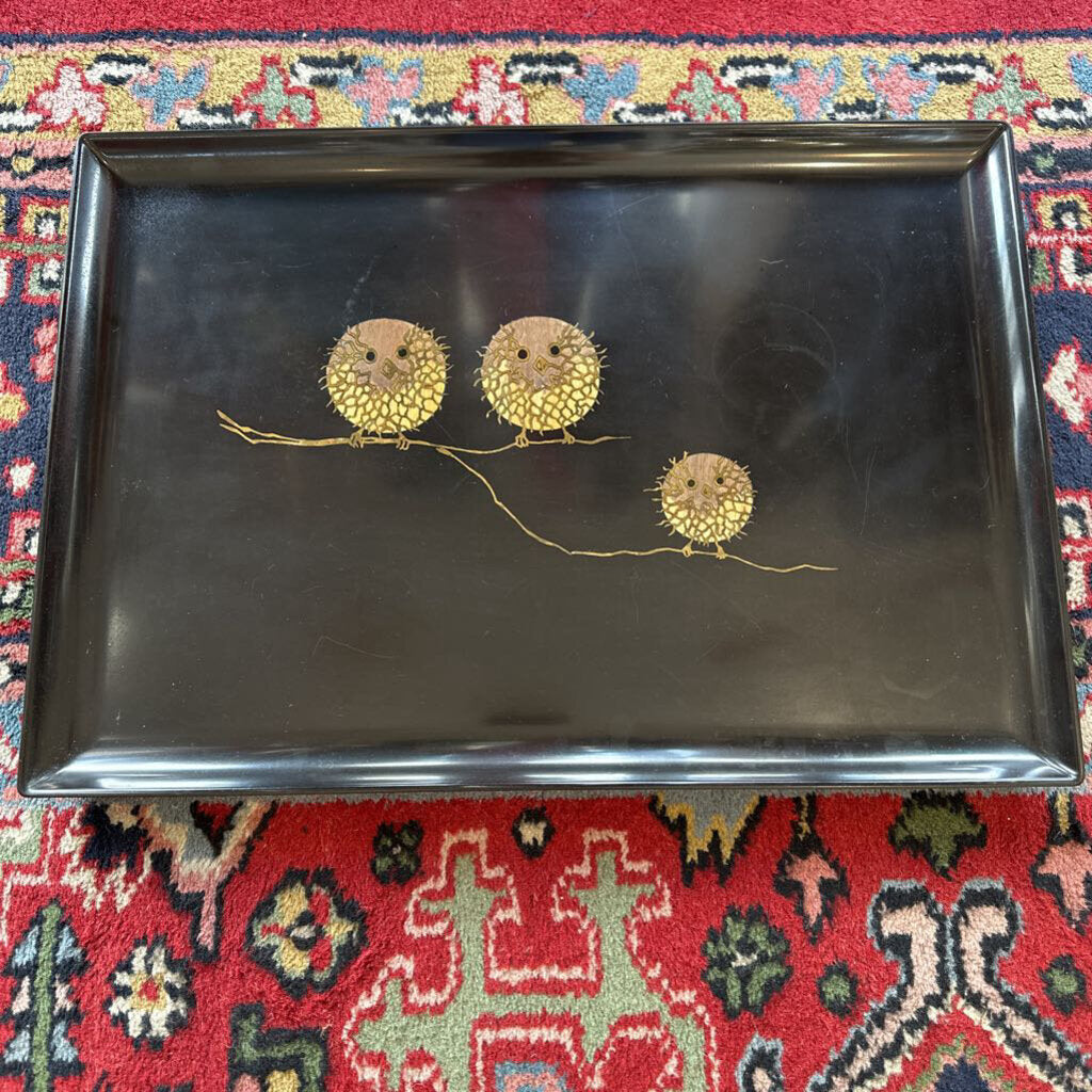 Mid Century 1960s Inlaid Brass & Wood Couroc Tray w/ 3 Spiny Owls