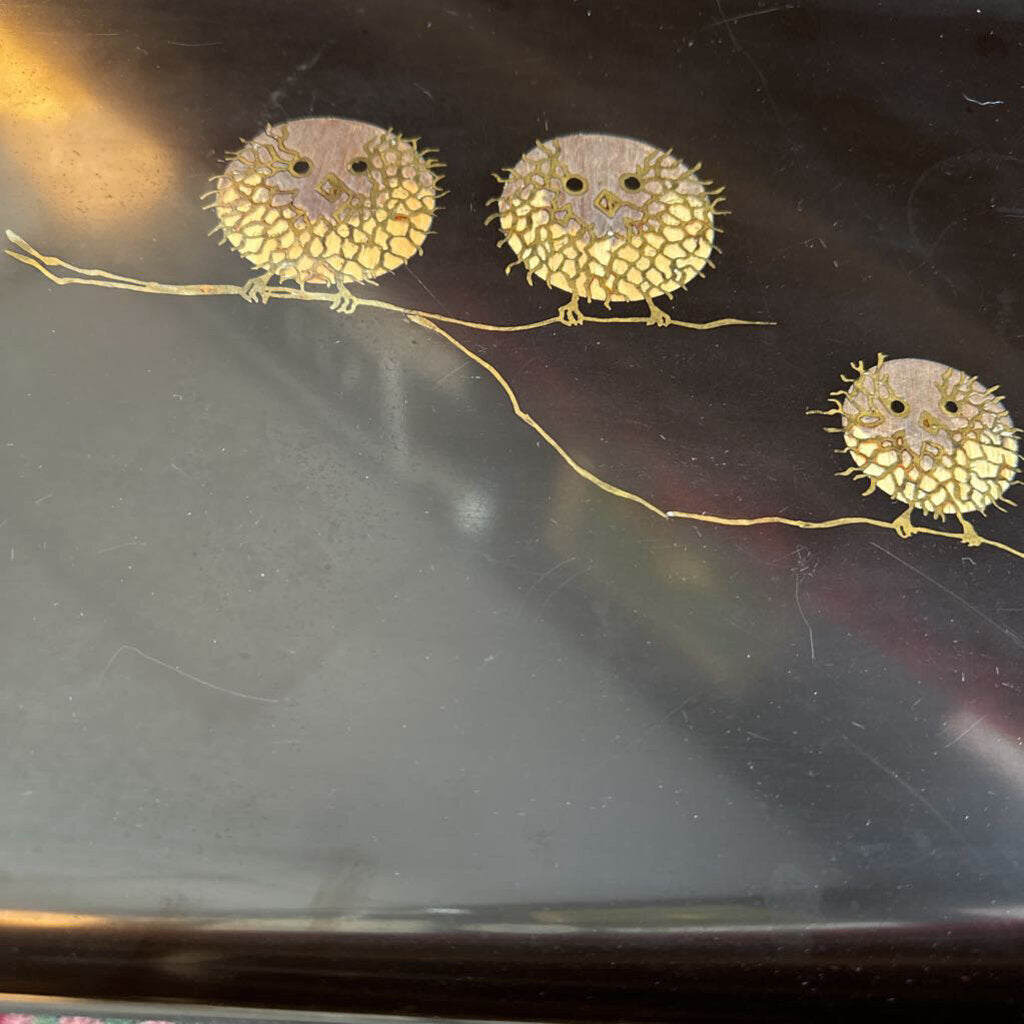 Mid Century 1960s Inlaid Brass & Wood Couroc Tray w/ 3 Spiny Owls
