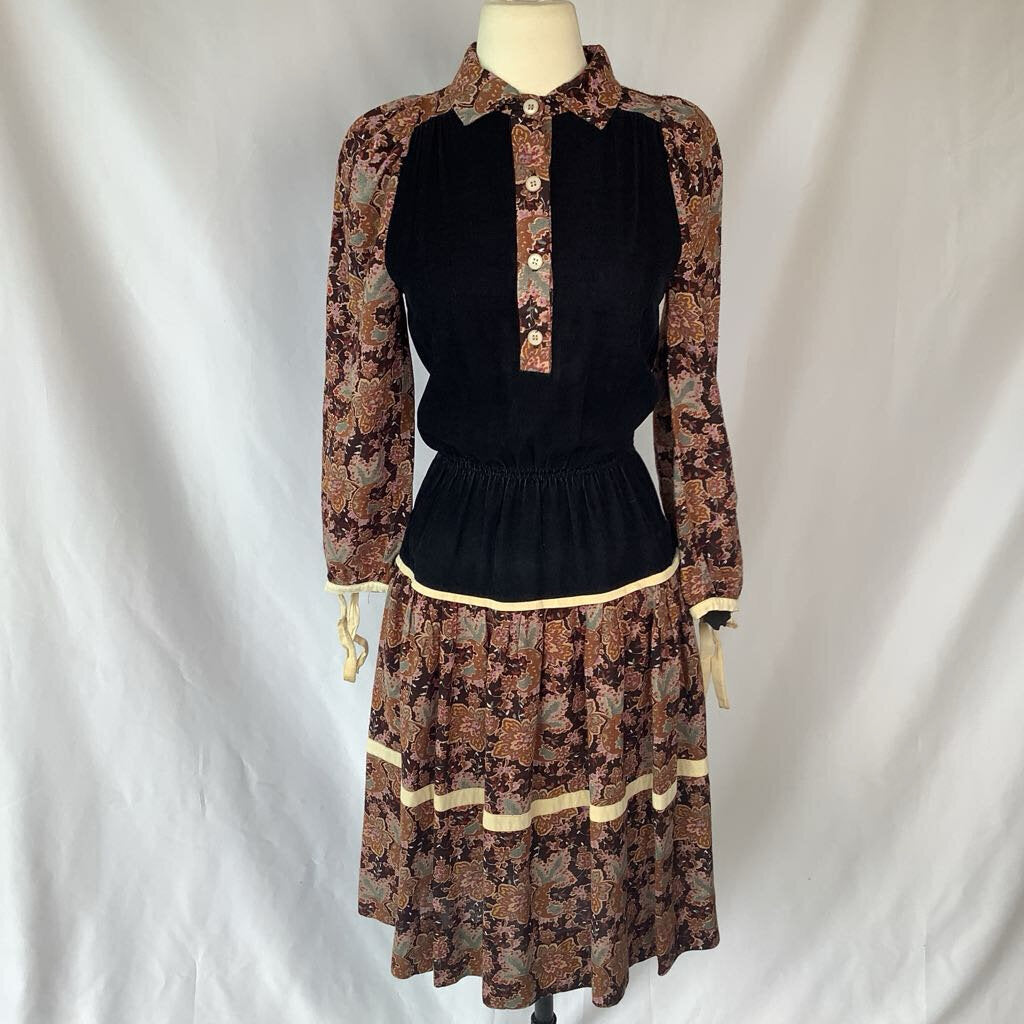 70s Corduroy Floral Midi Dress