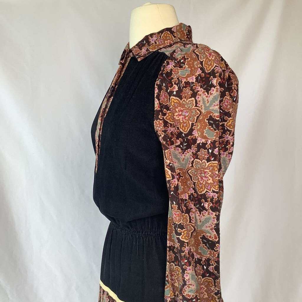 70s Corduroy Floral Midi Dress
