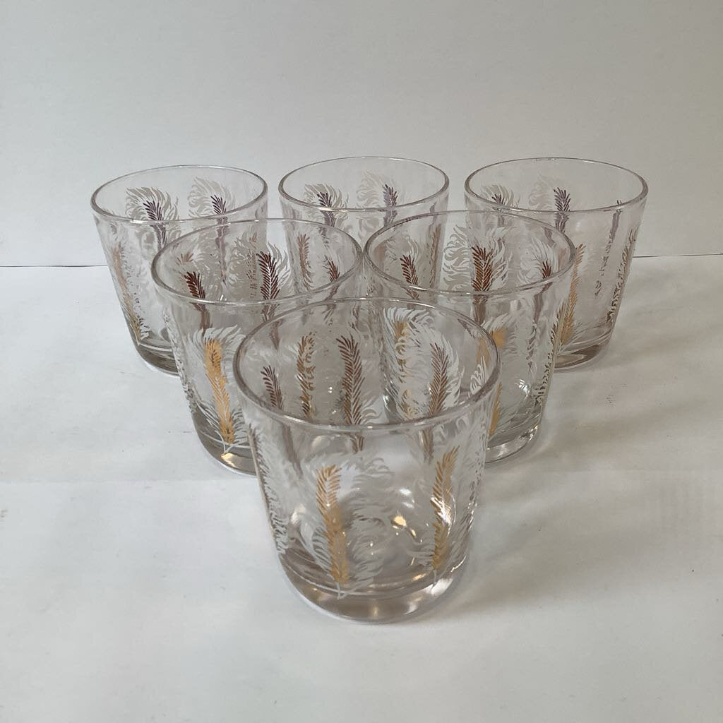 Vintage Mid Century Modern Feather & Goldtone Lowball Glasses
