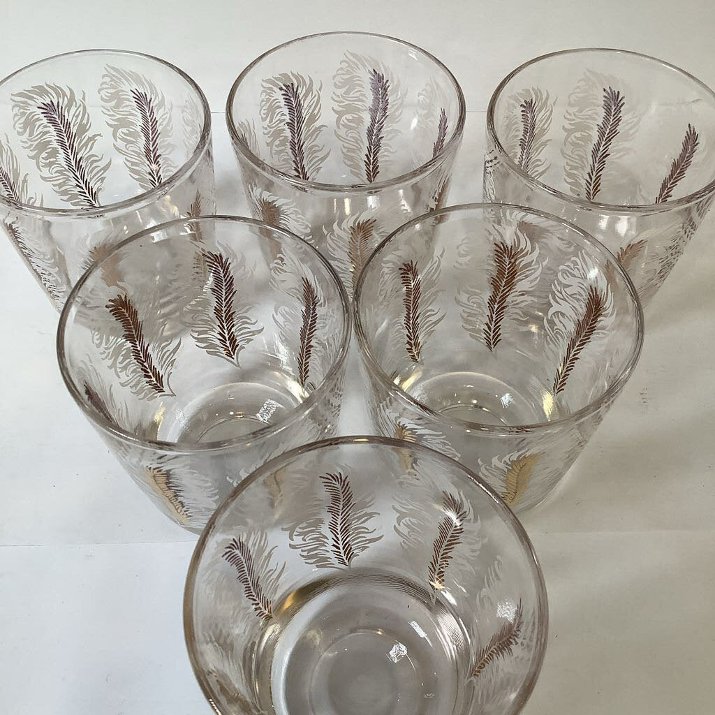 Vintage Mid Century Modern Feather & Goldtone Lowball Glasses