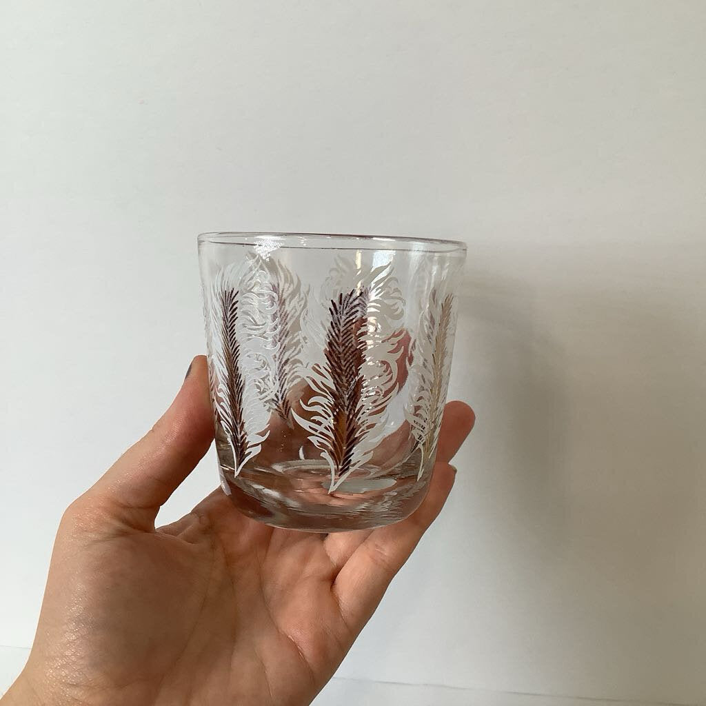 Vintage Mid Century Modern Feather & Goldtone Lowball Glasses