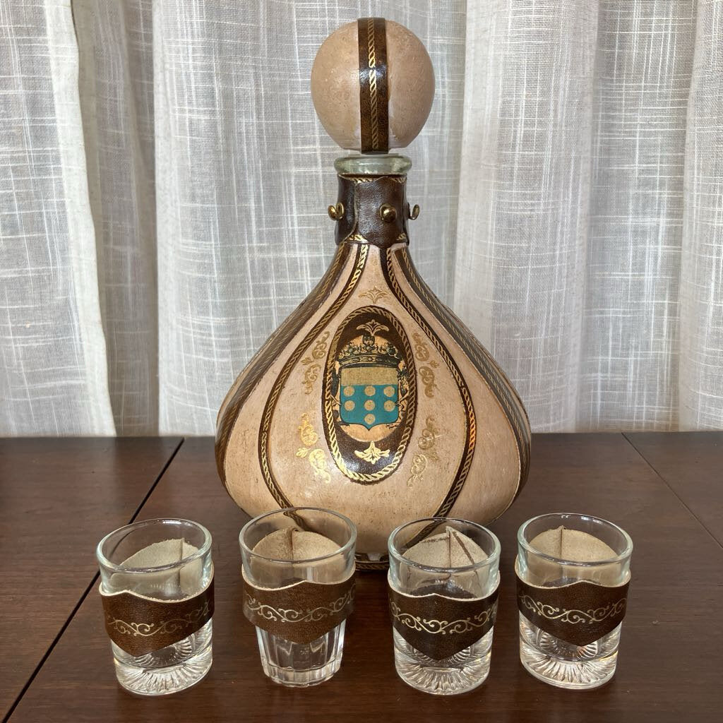 Vintage Leather Decanter with Glasses