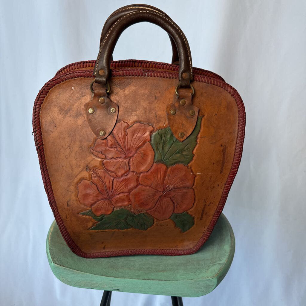 40s 50s Tooled Leather Bowling Bag