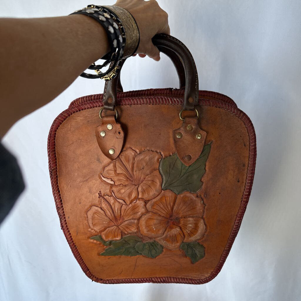 40s 50s Tooled Leather Bowling Bag