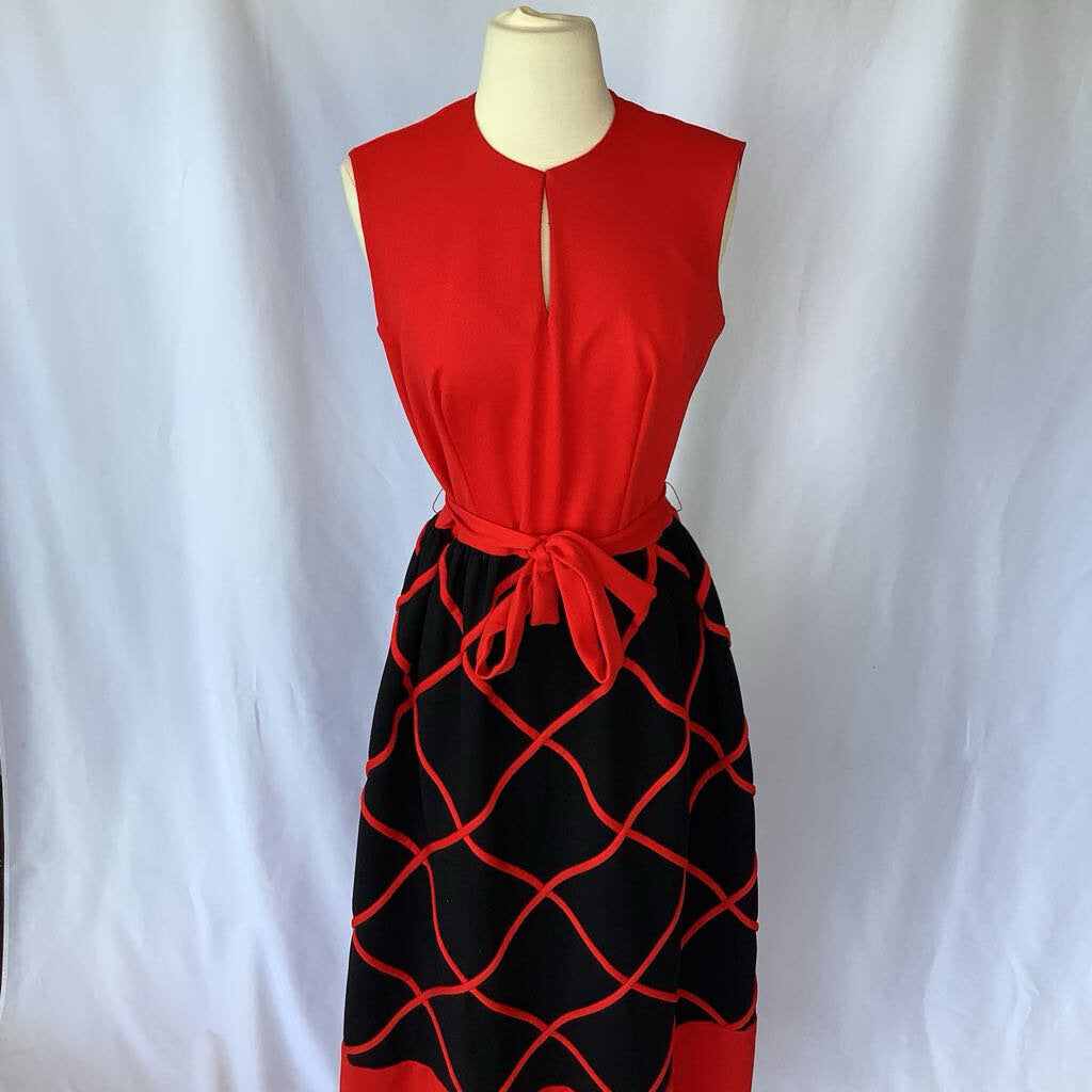 60s 70s Striking Red and Black Maxi Dress