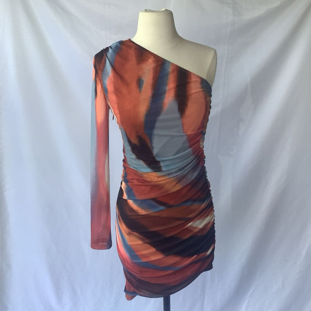 Sheer Off-the-Shoulder Ruche Stretch Cling Dress