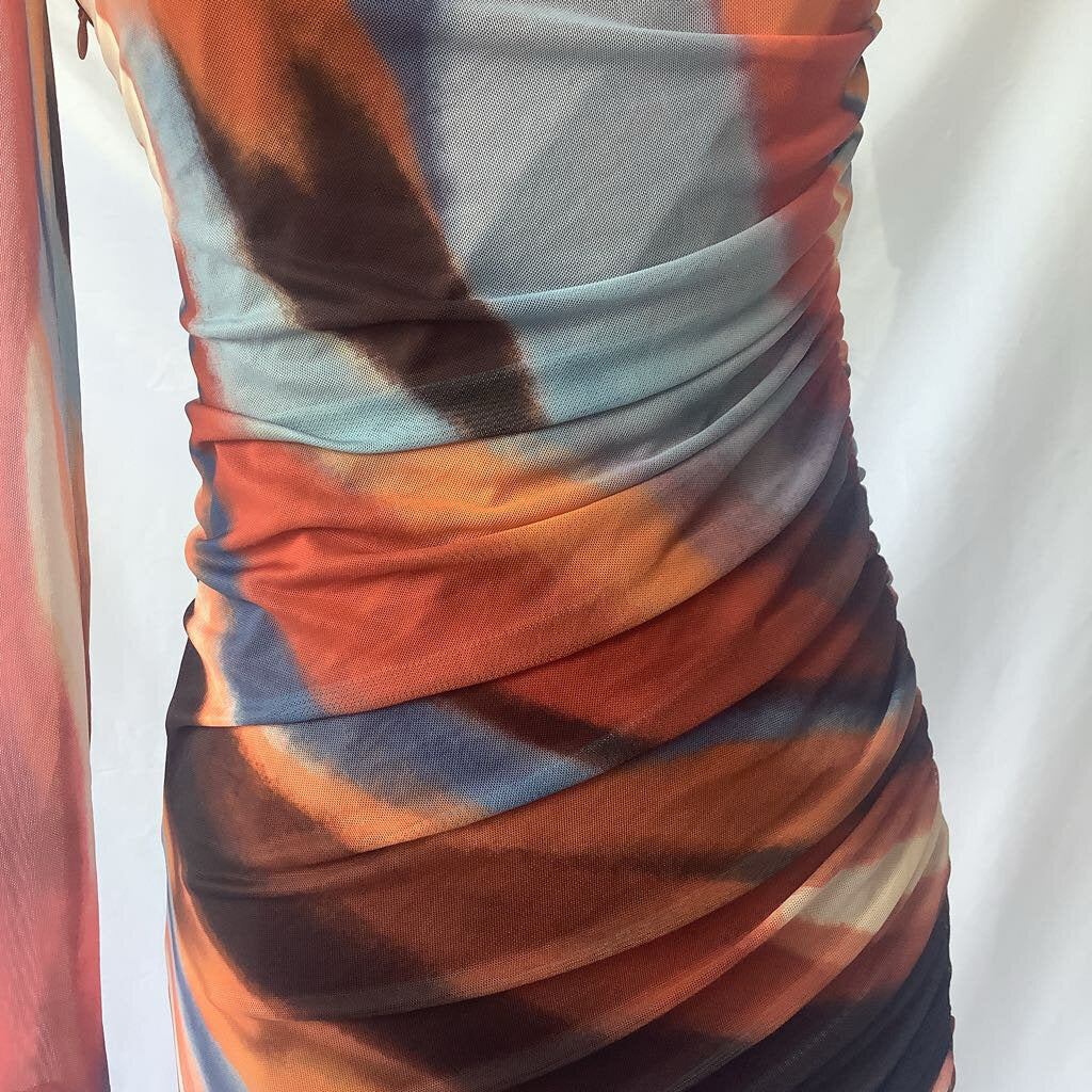 Sheer Off-the-Shoulder Ruche Stretch Cling Dress
