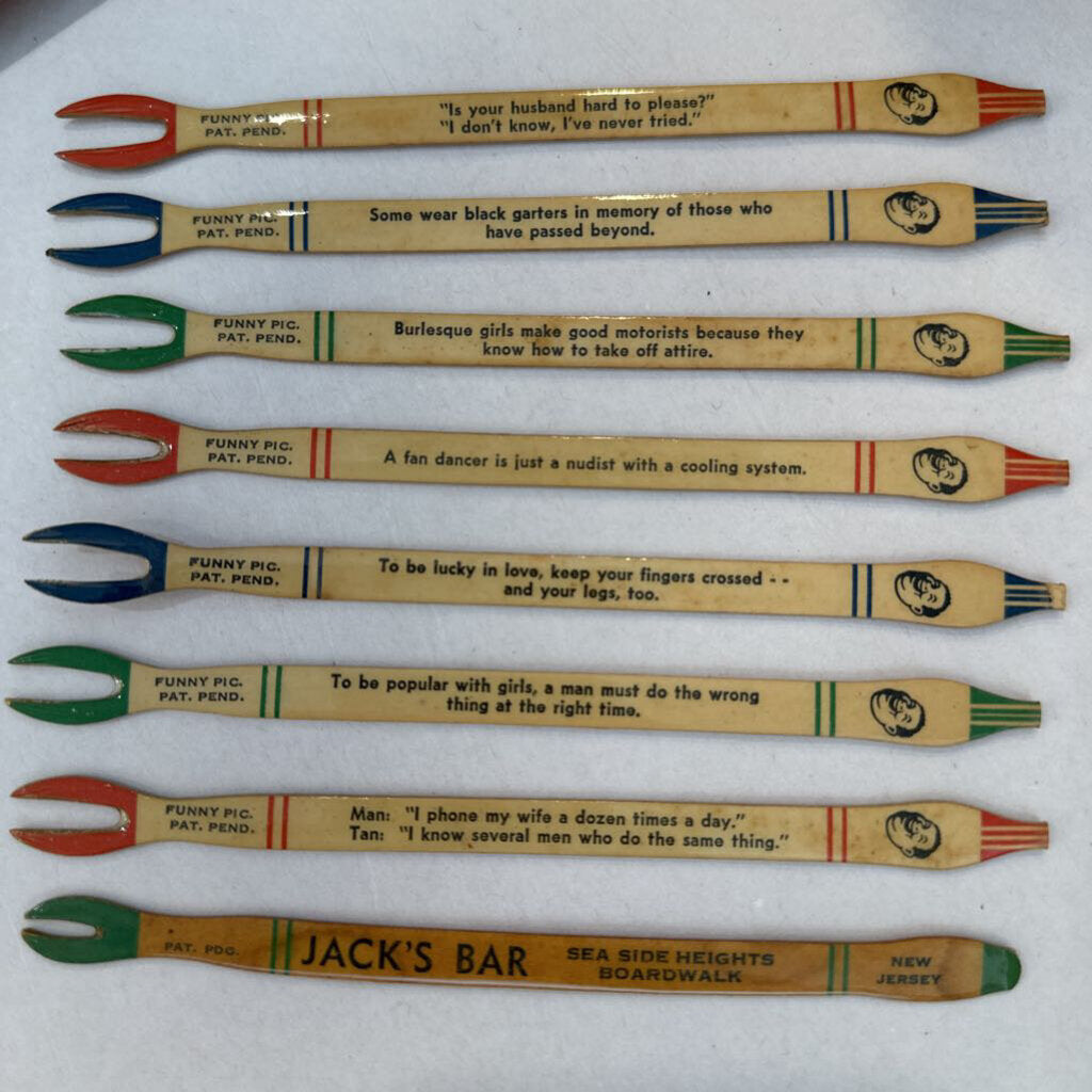Mid Century Collection of Cocktail Forks w/ Jokes from Jack's Bar Sea Side Heights Boardwalk