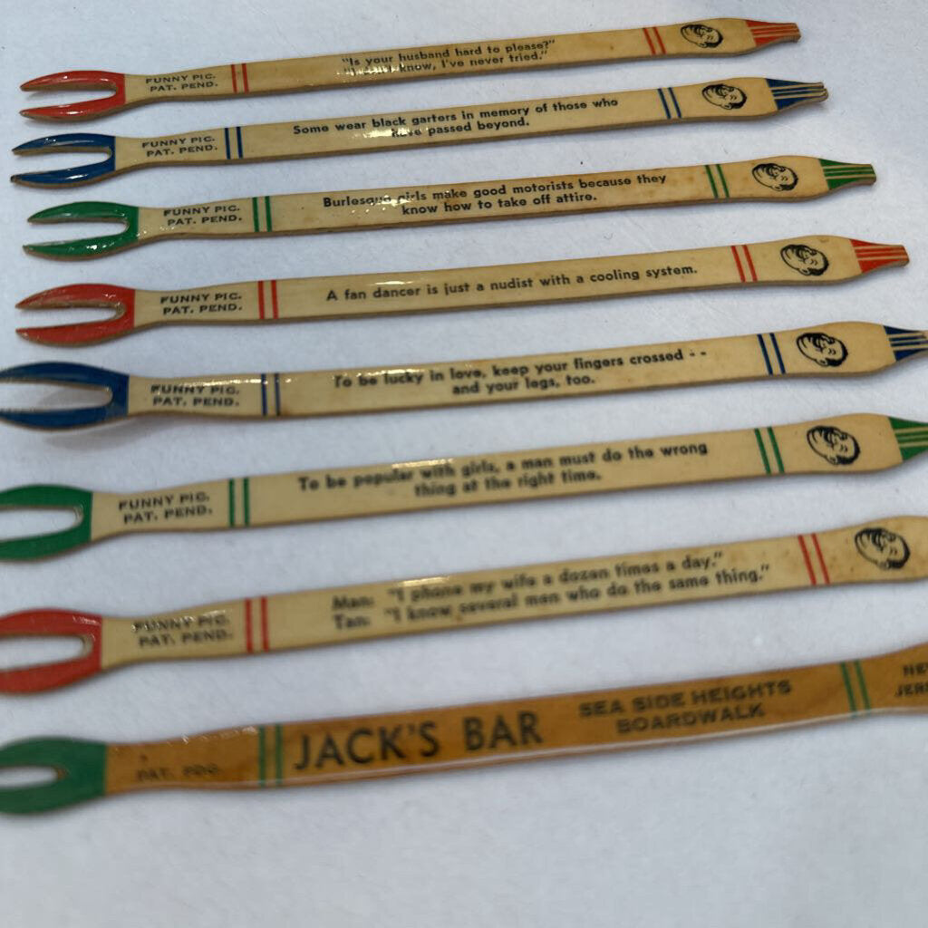 Mid Century Collection of Cocktail Forks w/ Jokes from Jack's Bar Sea Side Heights Boardwalk