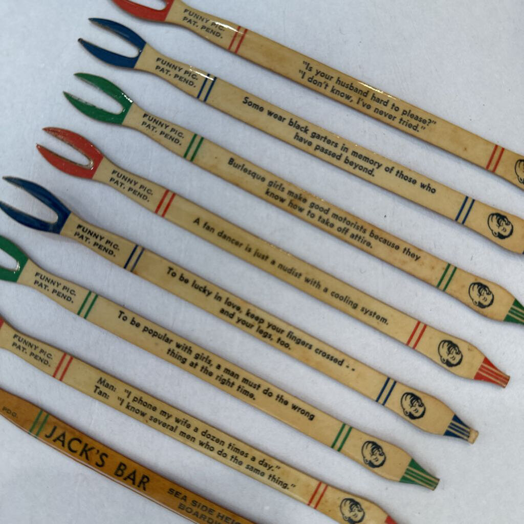 Mid Century Collection of Cocktail Forks w/ Jokes from Jack's Bar Sea Side Heights Boardwalk