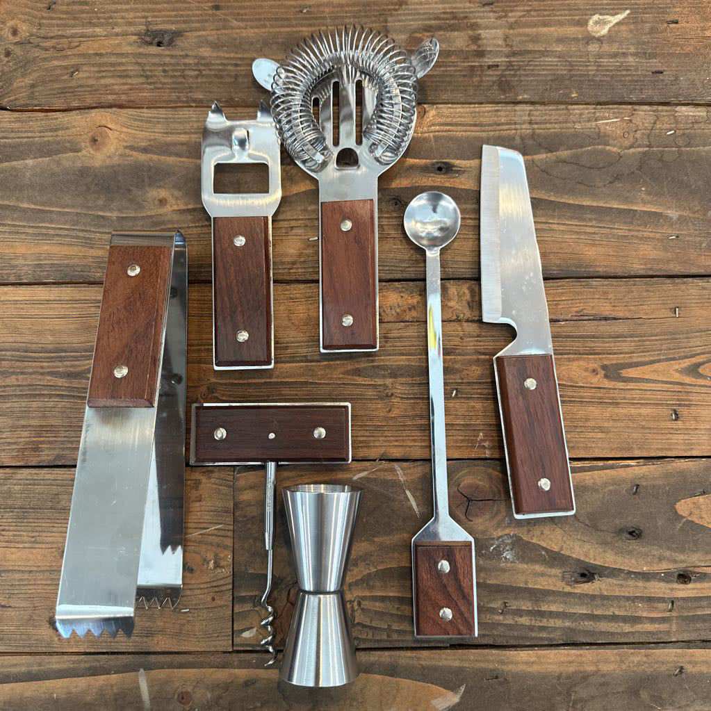 Mid Century Modern Stainless Steel & Wood Bar Tool Set (7)