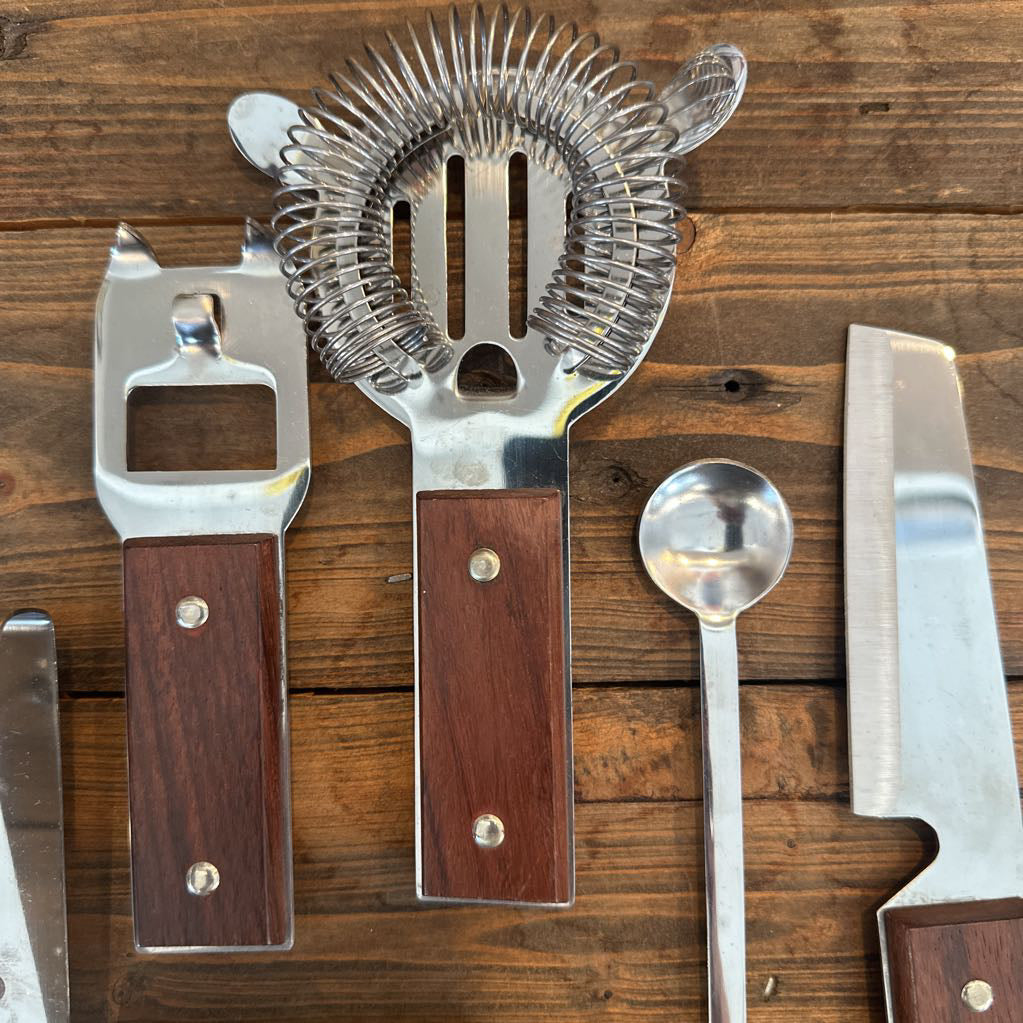 Mid Century Modern Stainless Steel & Wood Bar Tool Set (7)