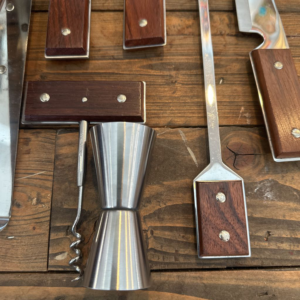 Mid Century Modern Stainless Steel & Wood Bar Tool Set (7)