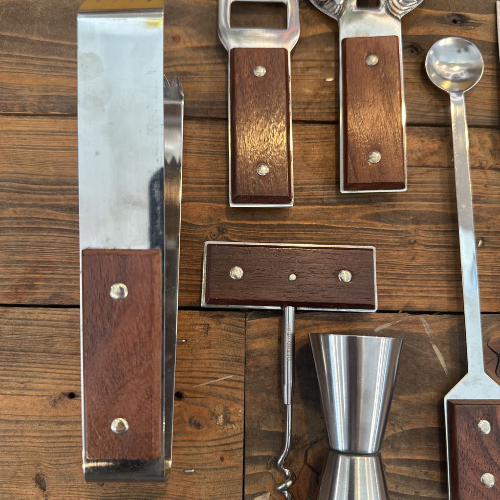 Mid Century Modern Stainless Steel & Wood Bar Tool Set (7)