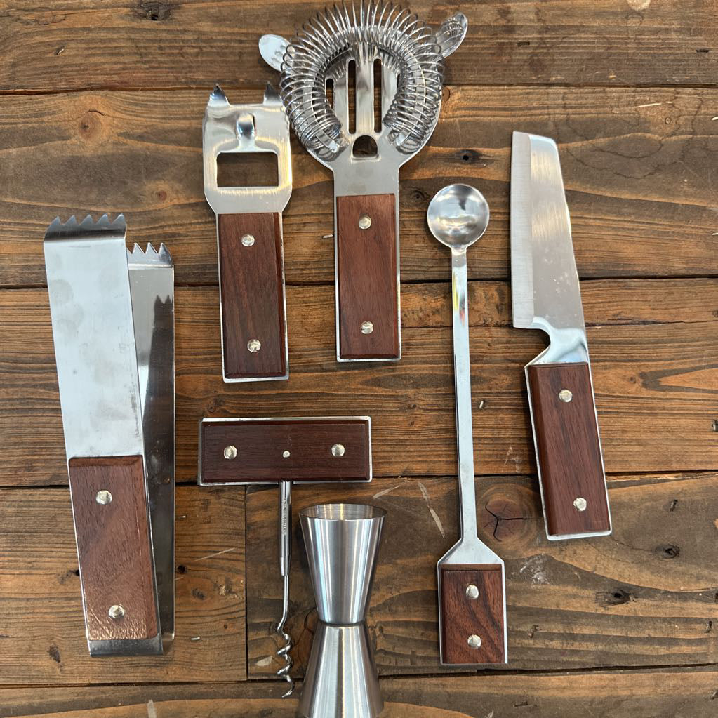 Mid Century Modern Stainless Steel & Wood Bar Tool Set (7)