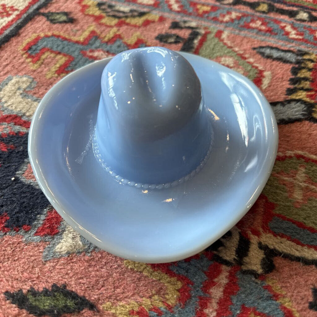 Vintage Jeannette Blue Glass Cowboy Hat Western Coin Trinket Dish Ashtray