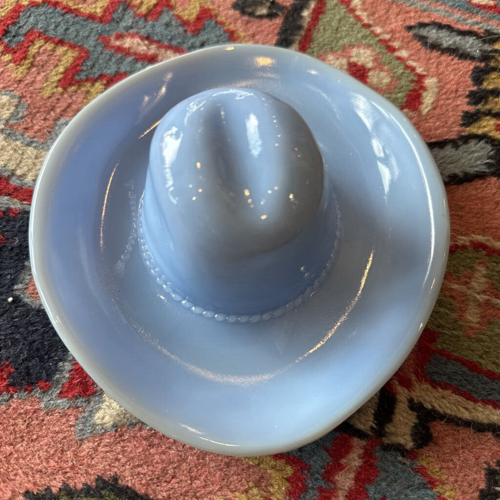 Vintage Jeannette Blue Glass Cowboy Hat Western Coin Trinket Dish Ashtray