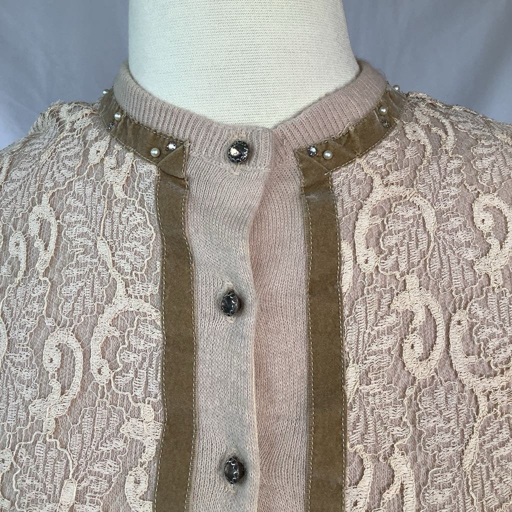 1960s Cardigan w/ Lace Overlay, Pearls, Rhinestones, Velvet & Glass Buttons