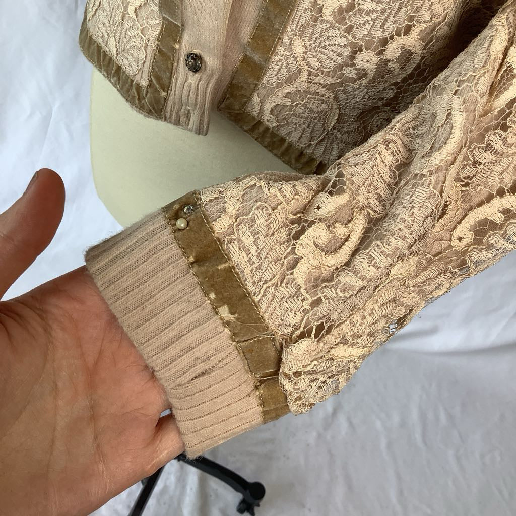 1960s Cardigan w/ Lace Overlay, Pearls, Rhinestones, Velvet & Glass Buttons